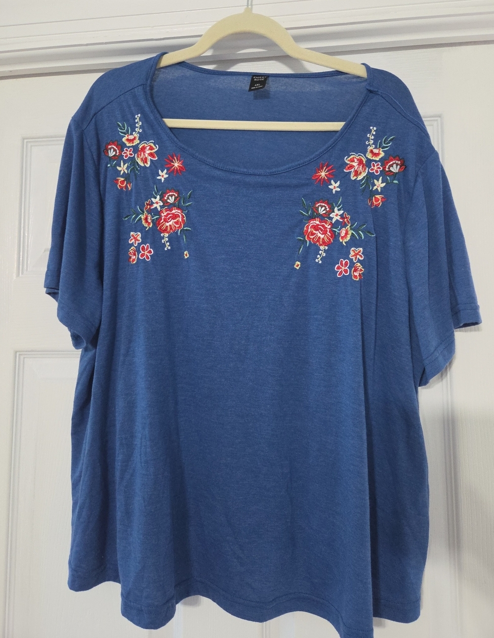 Blue Floral Embroidered Scoop Neck Womens Top